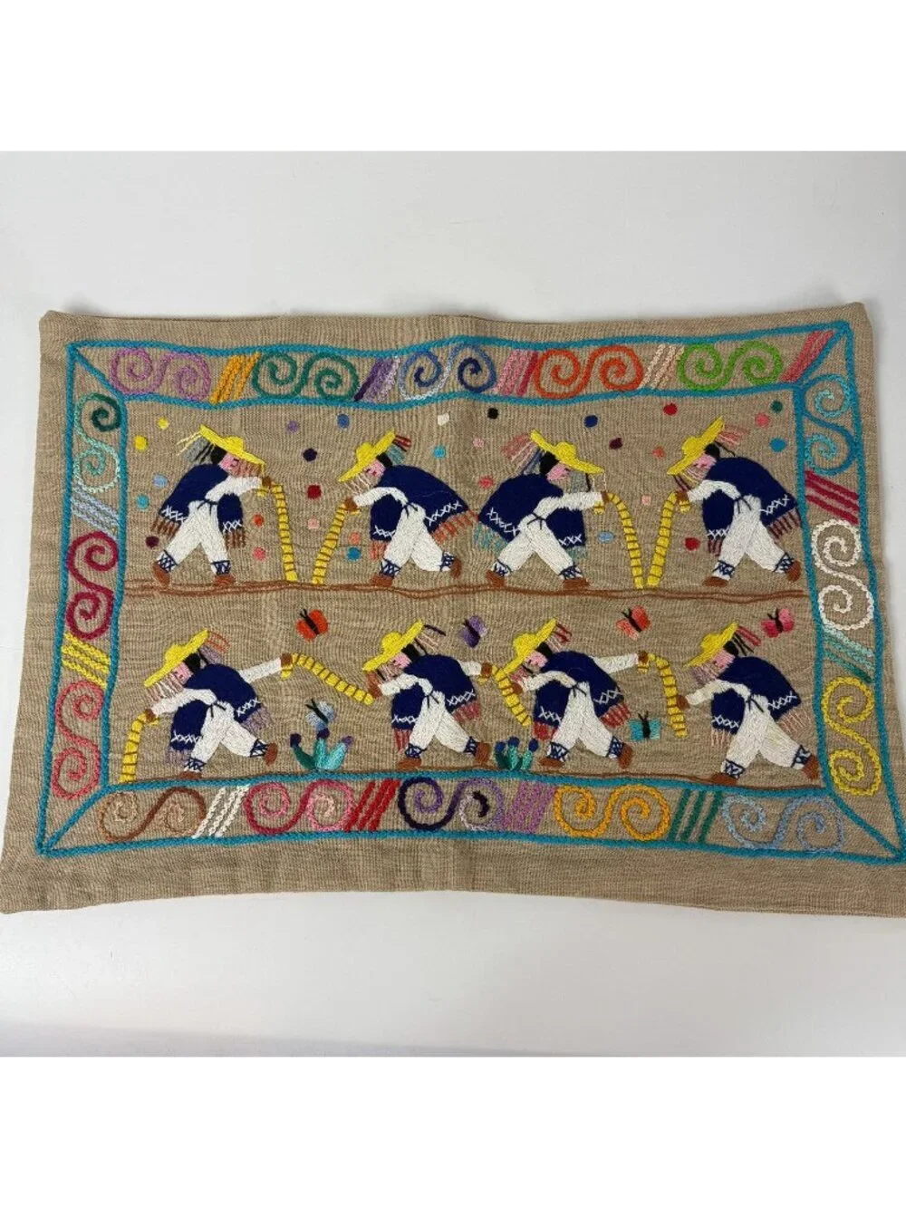 Vintage Mexican Embroidered Folk Art Story Cloth Rectangular Pillow Case